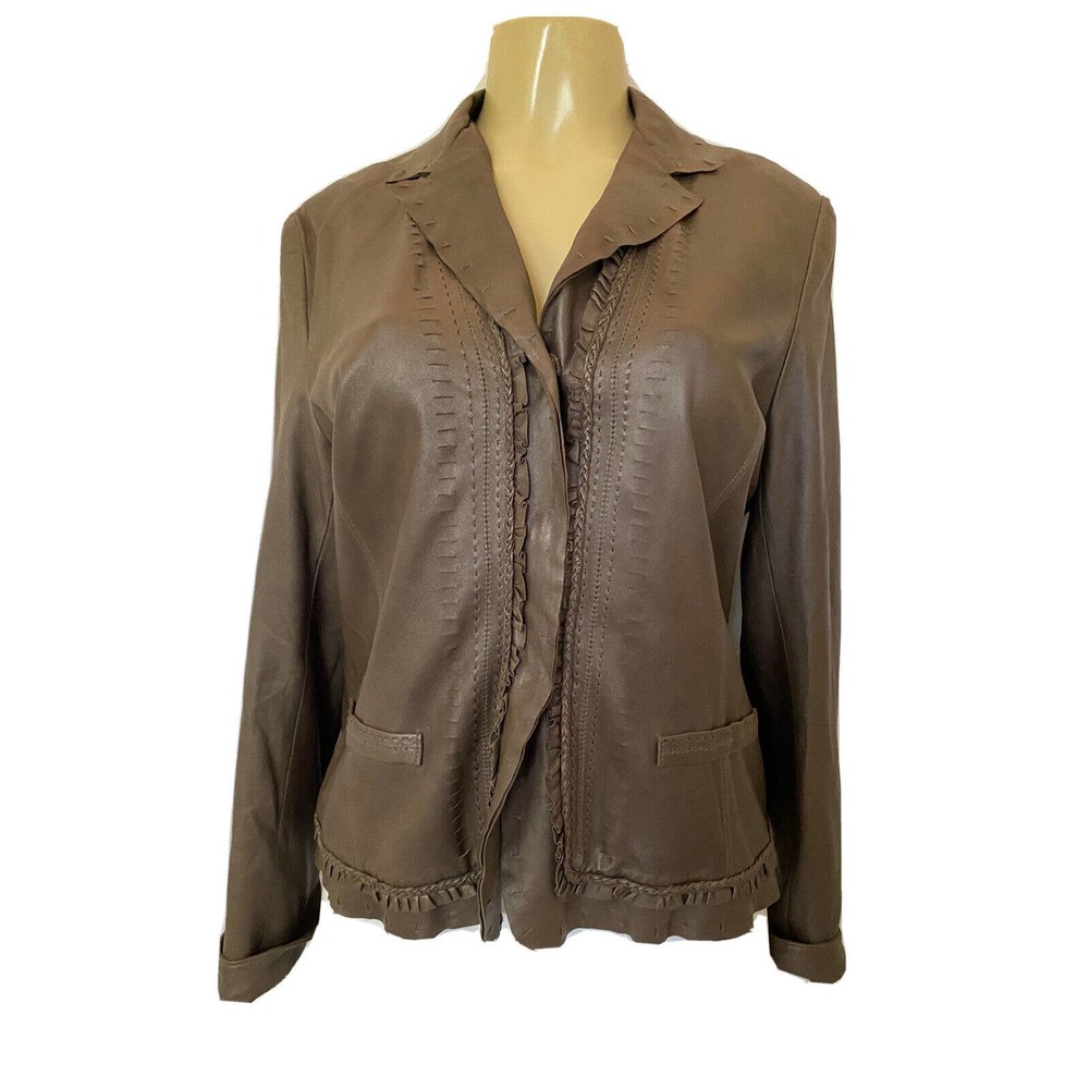 Elie Tahari Jacket Leather Laser Cut Ruffle Snap Closure Brown Lightweig…